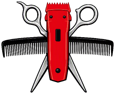 Red clippers crossed with scissors and a comb